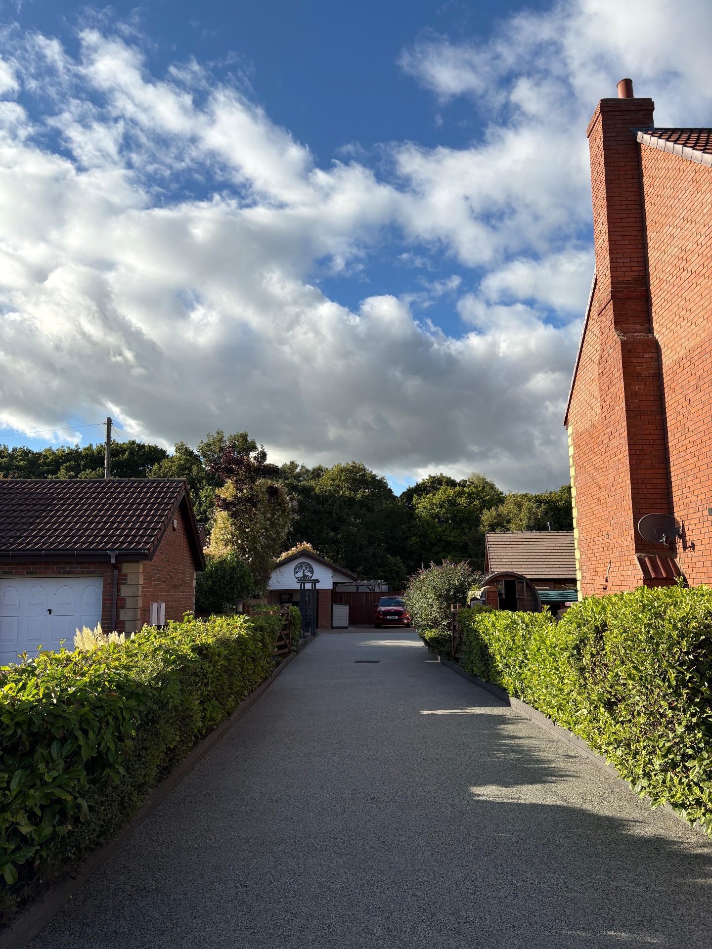Long smooth black tarmac driveway leading between hedges in the North East