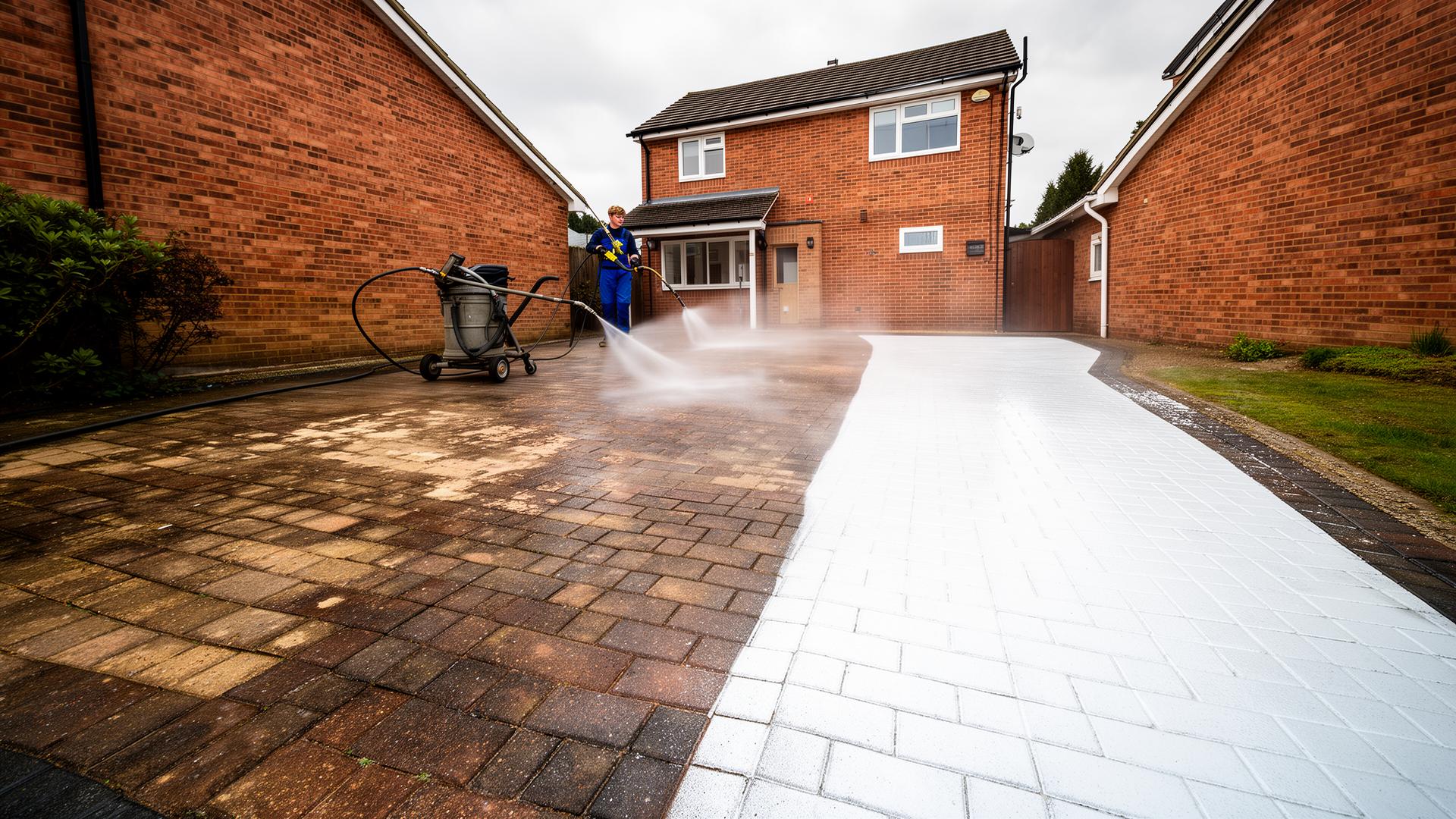 Pressure washing a block paved driveway with a clear clean stripe contrast against the dirty surface