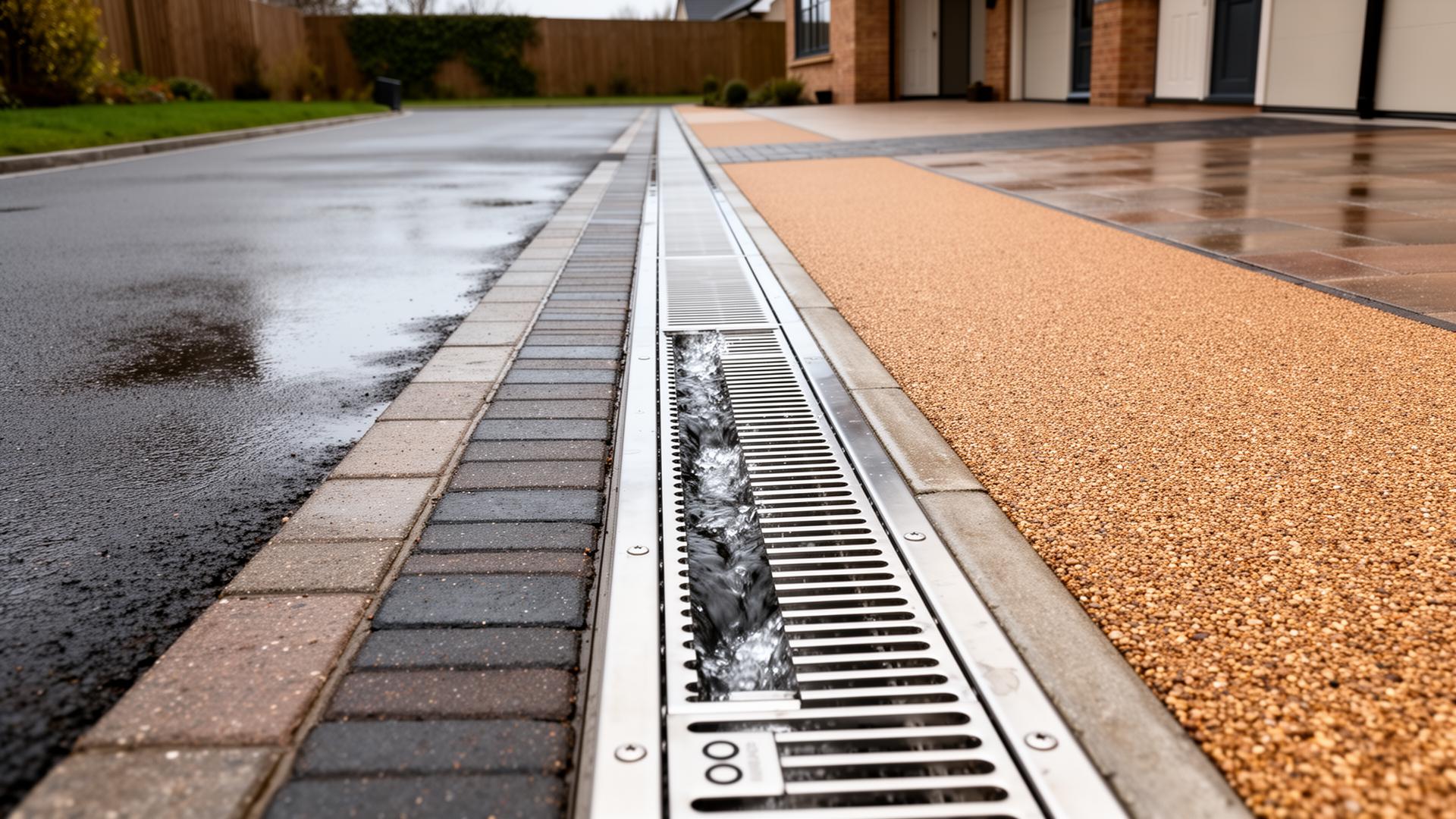 Stainless steel linear drainage channel installed between a tarmac and resin driveway with water flowing through
