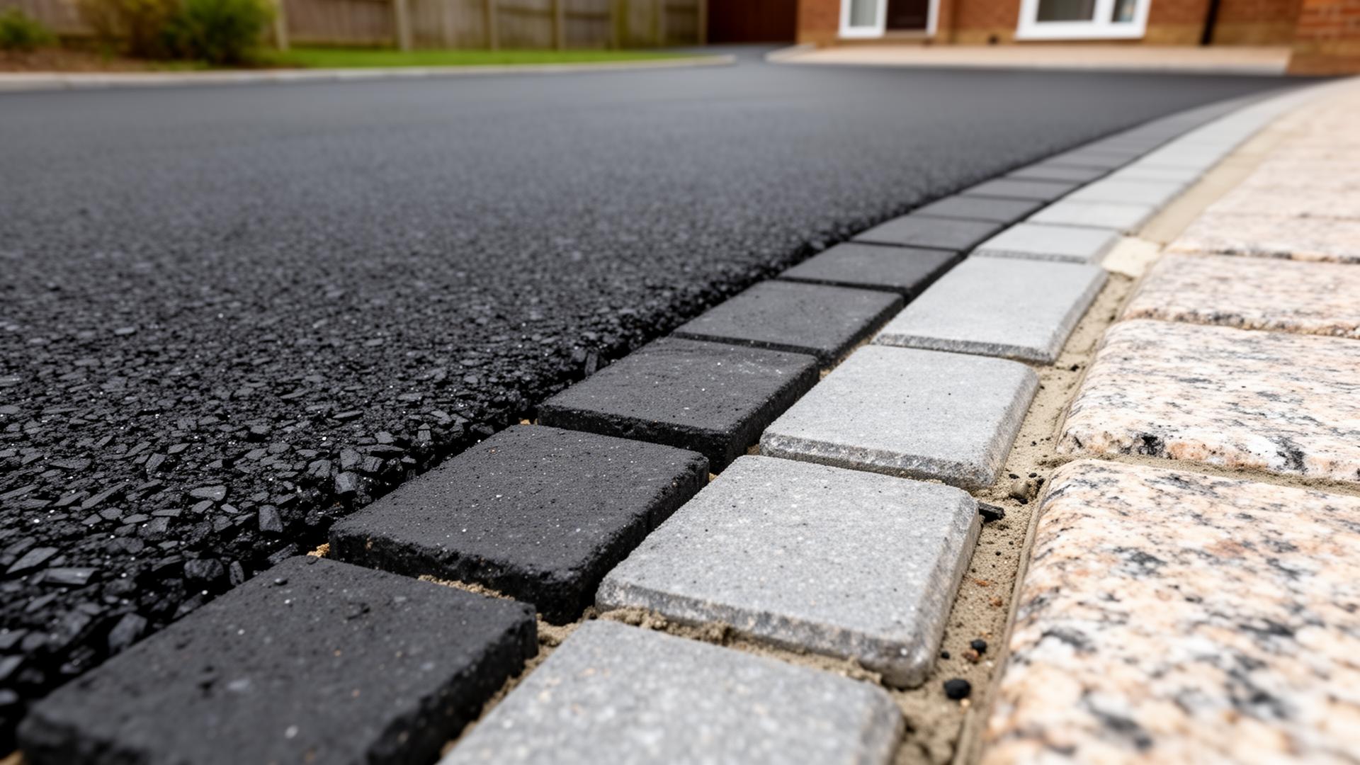 Close-up of charcoal block paving edging and granite kerb stones beside a tarmac driveway