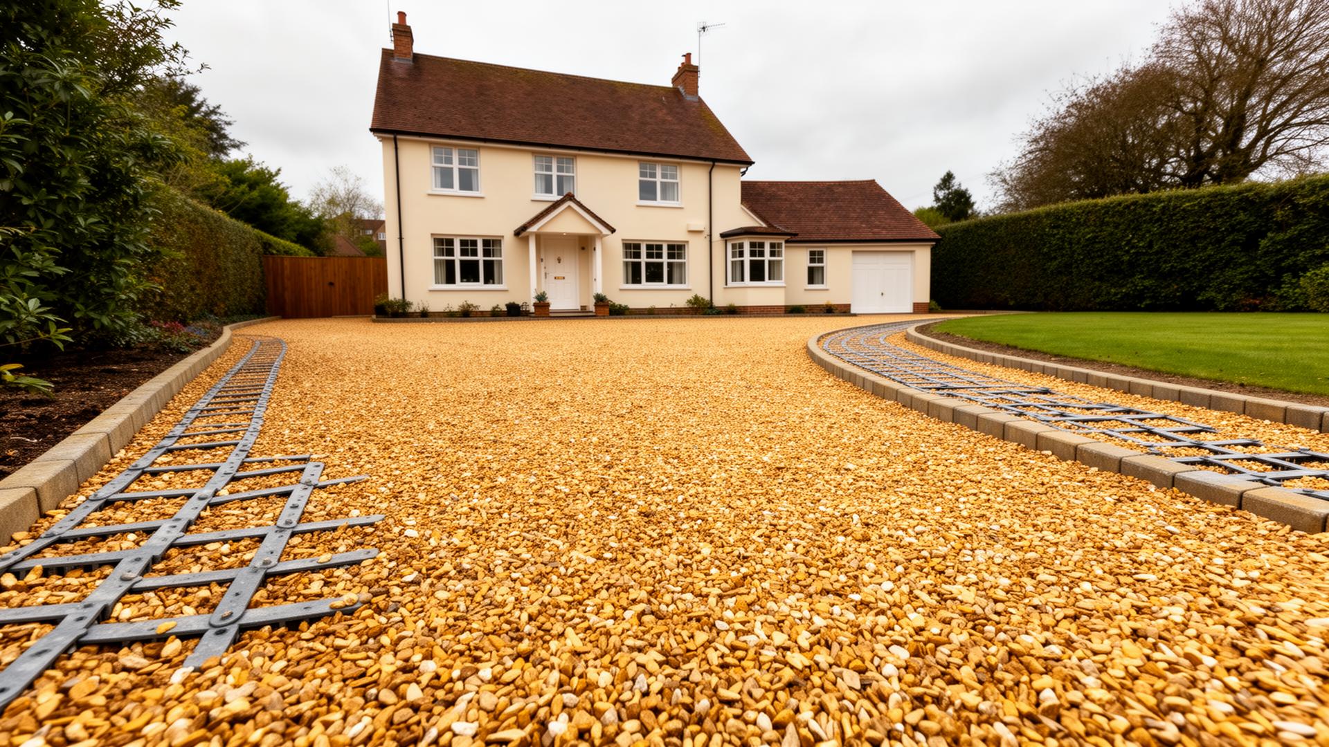 Golden pea-shingle gravel driveway with stabilising grid leading to a detached UK home