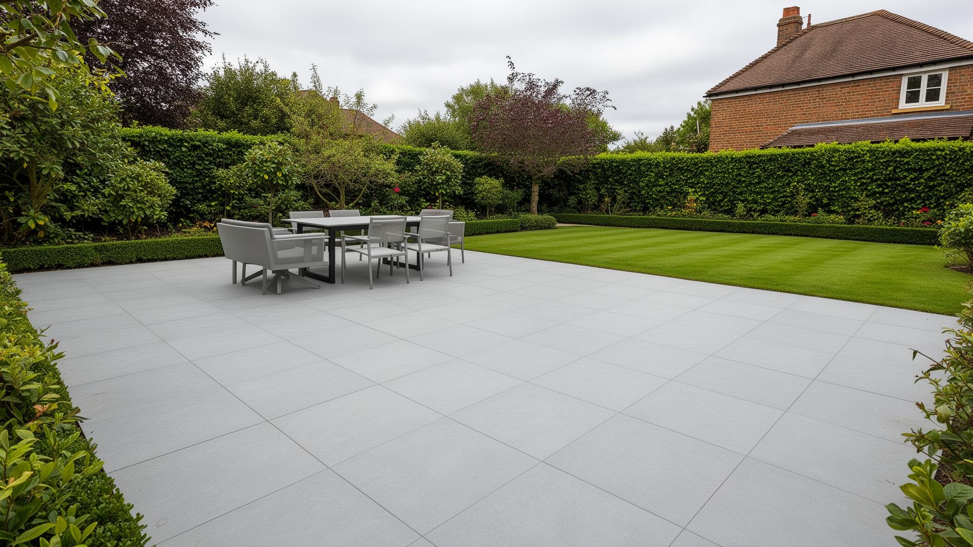Large grey porcelain patio laid in a landscaped UK back garden with neat hedging and lawn